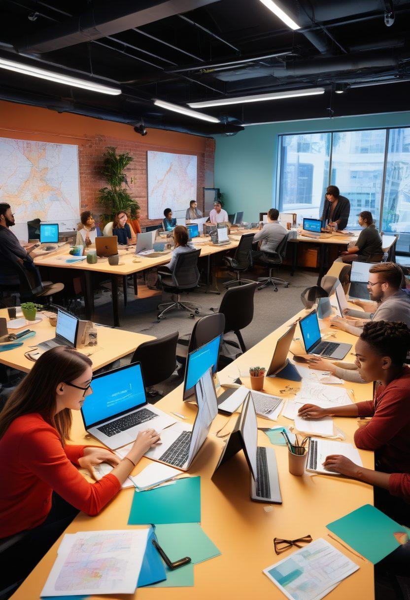 A diverse group of amateur content creators collaborating in a vibrant workspace, surrounded by visuals representing various insurance coverage options like medical, property, and life insurance. They are engaged in animated discussions, with laptops and creative tools scattered around, symbolizing the intersection of creativity and practicality. A map or landscape backdrop subtly illustrates the journey of navigating insurance. super-realistic. vibrant colors. modern design.