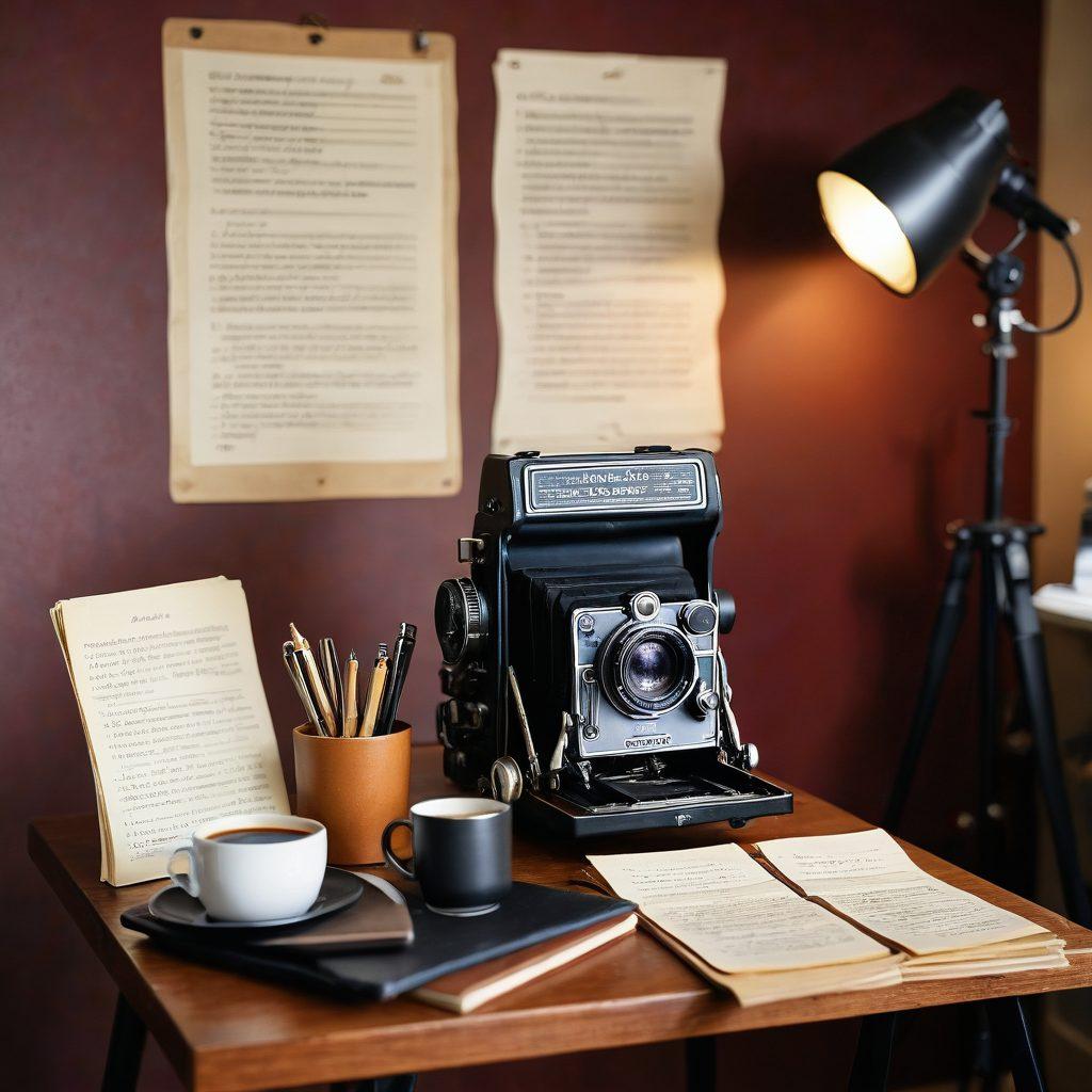 A cozy studio space filled with filmmaking and photography equipment, featuring a camera, a filmmaking slate, and a canvas backdrop. In the foreground, a notepad with insurance policy notes and a coffee cup. The atmosphere conveys creativity and protection, symbolizing the essence of securing a creative venture. Soft lighting enhances the artistic vibe. super-realistic. warm colors. inviting environment.