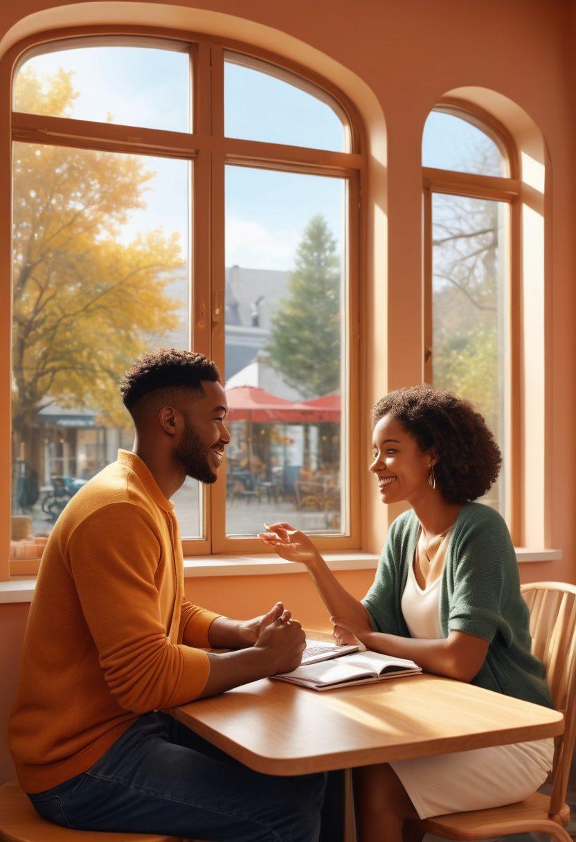 A loving interracial couple discussing insurance options at a cozy café table, surrounded by colorful insurance brochures and laptops, showcasing their diverse backgrounds and connection. Bright natural light filters through the window, illuminating their focused expressions. Incorporate elements of love and teamwork like intertwined hands and heart-shaped icons. vibrant colors. digital illustration.